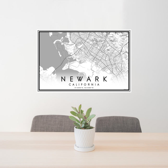 24x36 Newark California Map Print Lanscape Orientation in Classic Style Behind 2 Chairs Table and Potted Plant