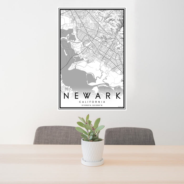 24x36 Newark California Map Print Portrait Orientation in Classic Style Behind 2 Chairs Table and Potted Plant