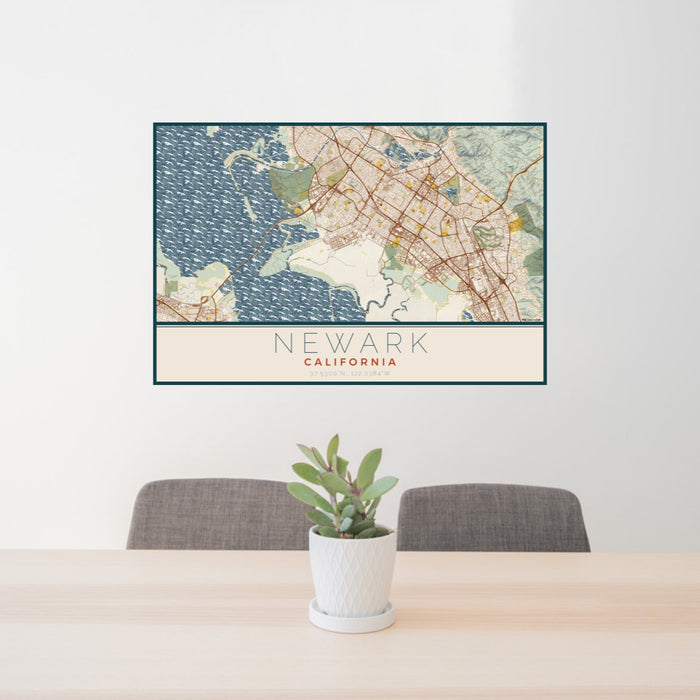 24x36 Newark California Map Print Lanscape Orientation in Woodblock Style Behind 2 Chairs Table and Potted Plant