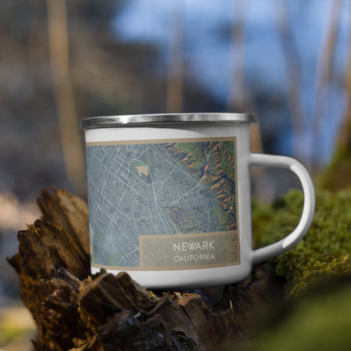 Right View Custom Newark California Map Enamel Mug in Afternoon on Grass With Trees in Background