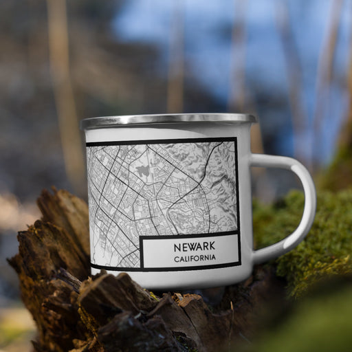 Right View Custom Newark California Map Enamel Mug in Classic on Grass With Trees in Background