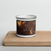 Front View Custom Newark California Map Enamel Mug in Ember on Cutting Board