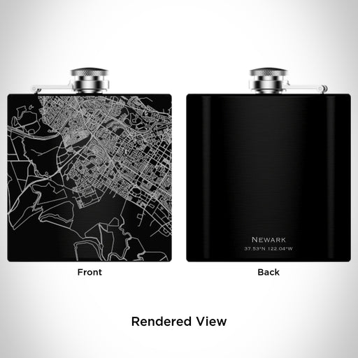 Rendered View of Newark California Map Engraving on 6oz Stainless Steel Flask in Black