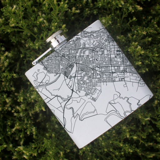 Newark California Custom Engraved City Map Inscription Coordinates on 6oz Stainless Steel Flask in White