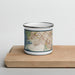 Front View Custom Newark California Map Enamel Mug in Woodblock on Cutting Board