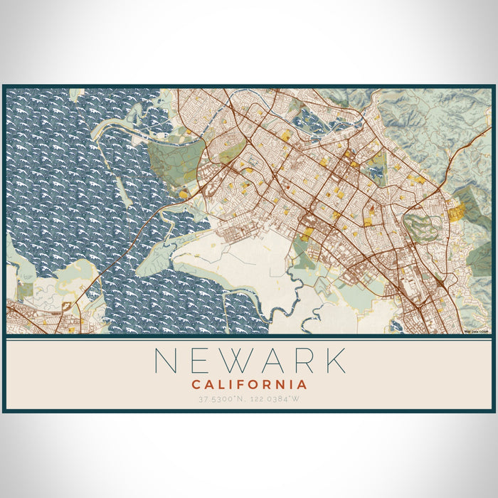 Newark California Map Print Landscape Orientation in Woodblock Style With Shaded Background