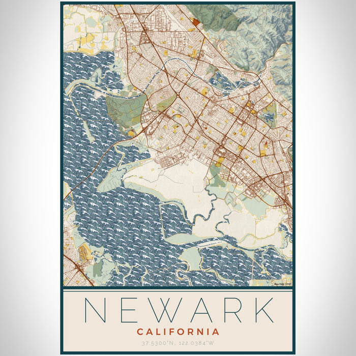 Newark California Map Print Portrait Orientation in Woodblock Style With Shaded Background