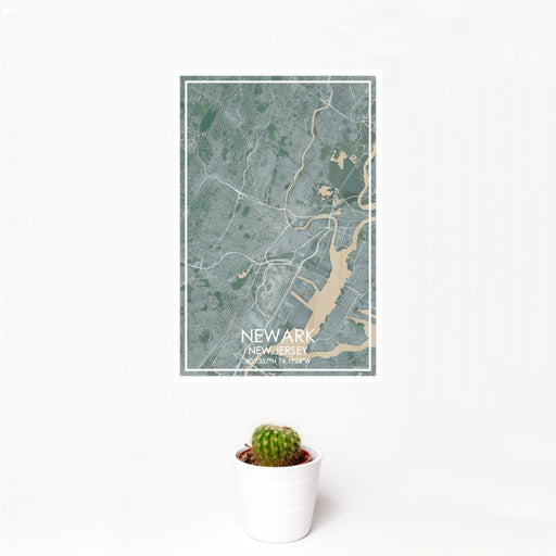 12x18 Newark New Jersey Map Print Portrait Orientation in Afternoon Style With Small Cactus Plant in White Planter