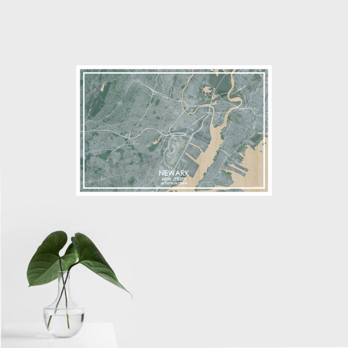 16x24 Newark New Jersey Map Print Landscape Orientation in Afternoon Style With Tropical Plant Leaves in Water
