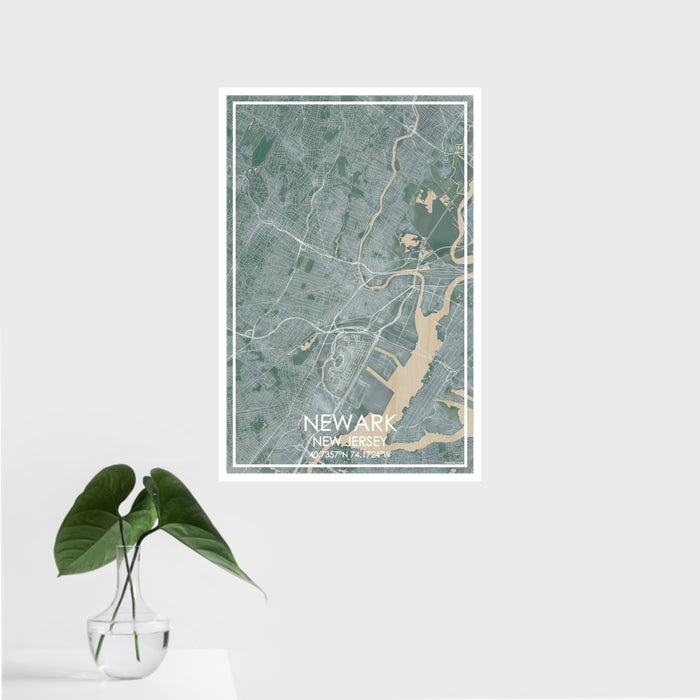 16x24 Newark New Jersey Map Print Portrait Orientation in Afternoon Style With Tropical Plant Leaves in Water