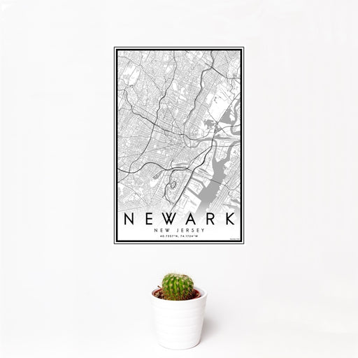 12x18 Newark New Jersey Map Print Portrait Orientation in Classic Style With Small Cactus Plant in White Planter