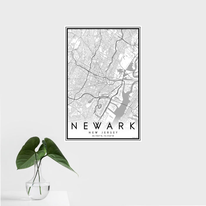 16x24 Newark New Jersey Map Print Portrait Orientation in Classic Style With Tropical Plant Leaves in Water
