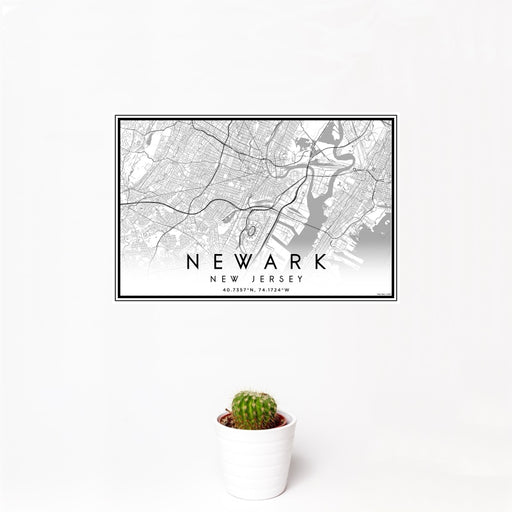 12x18 Newark New Jersey Map Print Landscape Orientation in Classic Style With Small Cactus Plant in White Planter