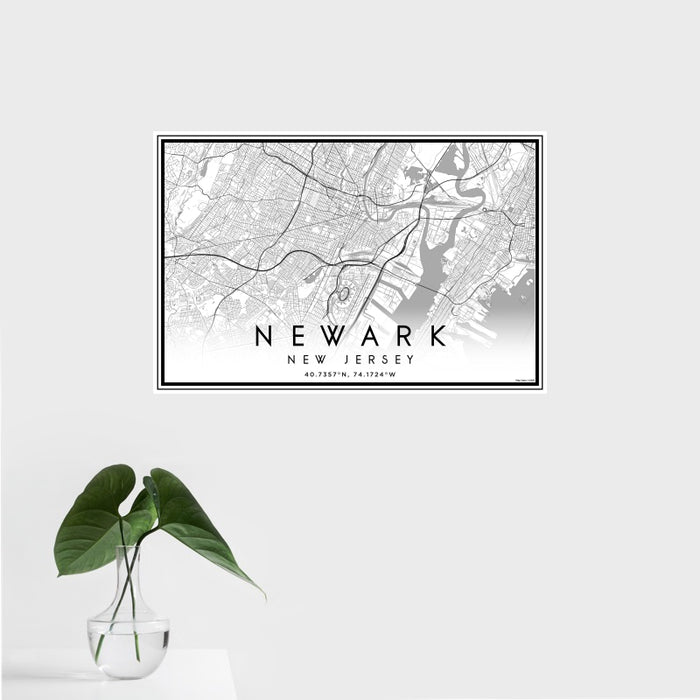 16x24 Newark New Jersey Map Print Landscape Orientation in Classic Style With Tropical Plant Leaves in Water