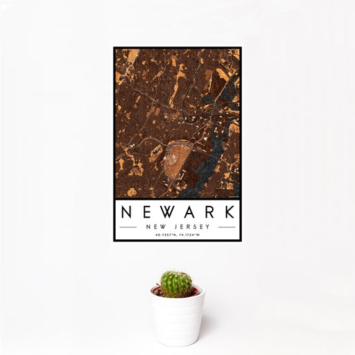 12x18 Newark New Jersey Map Print Portrait Orientation in Ember Style With Small Cactus Plant in White Planter