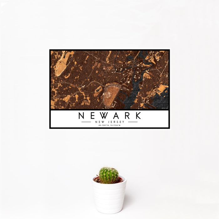 12x18 Newark New Jersey Map Print Landscape Orientation in Ember Style With Small Cactus Plant in White Planter