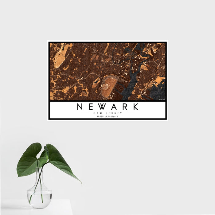 16x24 Newark New Jersey Map Print Landscape Orientation in Ember Style With Tropical Plant Leaves in Water