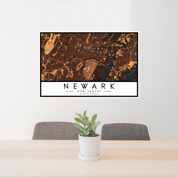 24x36 Newark New Jersey Map Print Landscape Orientation in Ember Style Behind 2 Chairs Table and Potted Plant