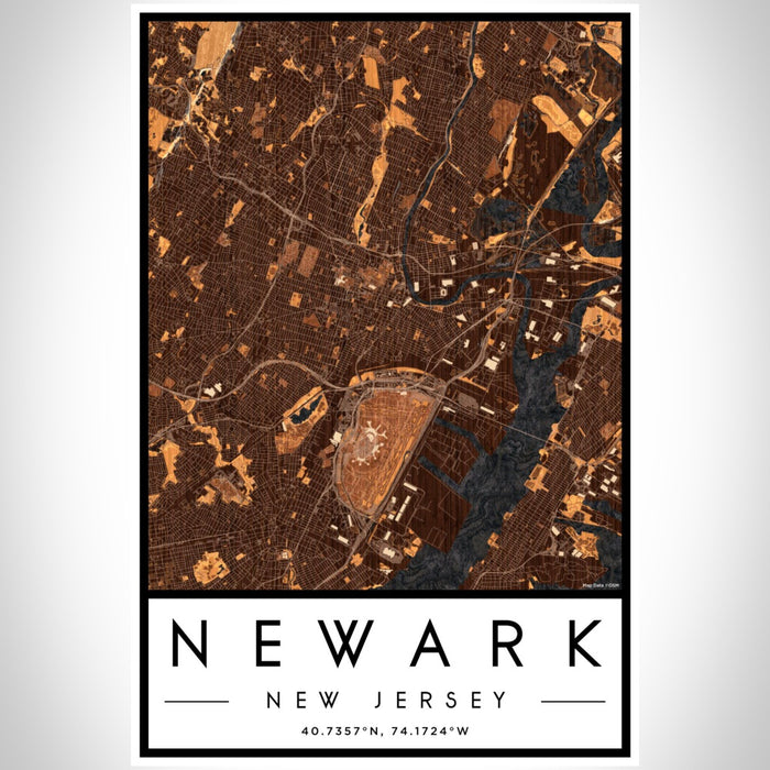 Newark New Jersey Map Print Portrait Orientation in Ember Style With Shaded Background