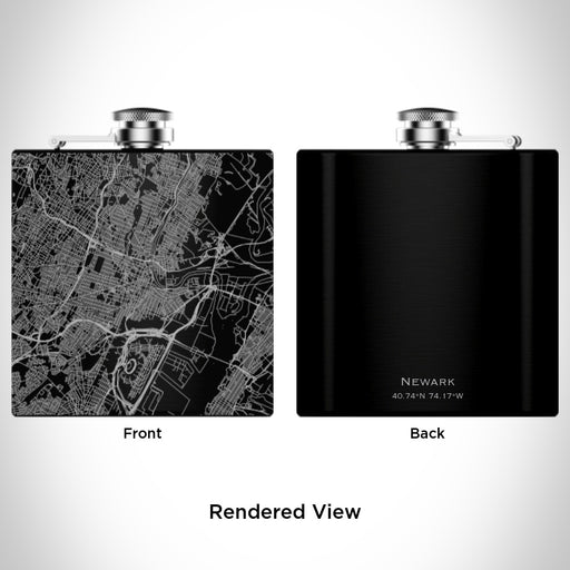 Rendered View of Newark New Jersey Map Engraving on 6oz Stainless Steel Flask in Black