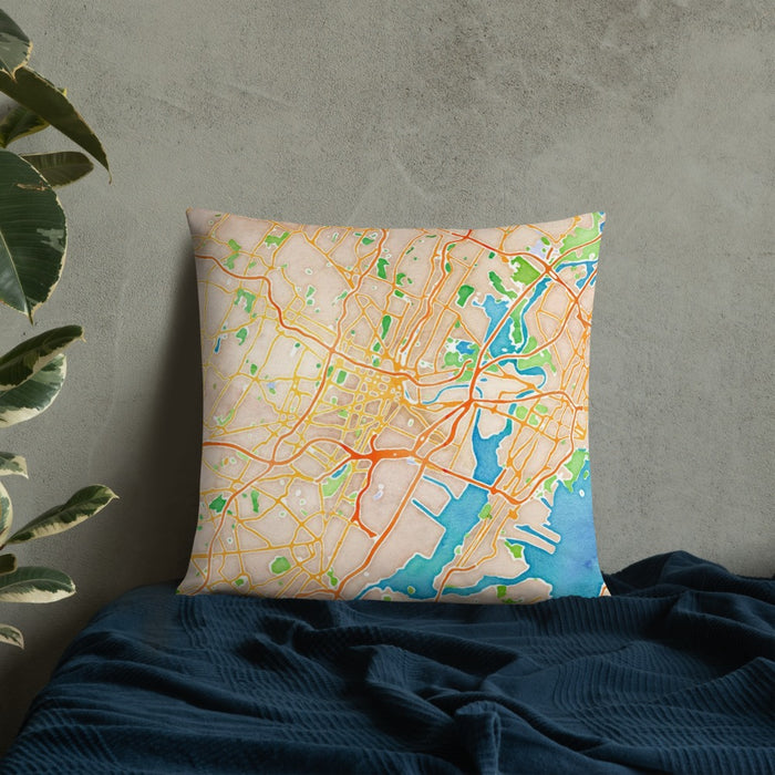 Custom Newark New Jersey Map Throw Pillow in Watercolor on Bedding Against Wall