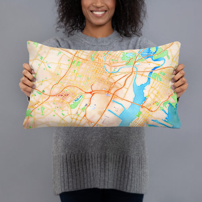 Person holding 20x12 Custom Newark New Jersey Map Throw Pillow in Watercolor