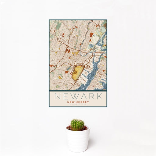 12x18 Newark New Jersey Map Print Portrait Orientation in Woodblock Style With Small Cactus Plant in White Planter