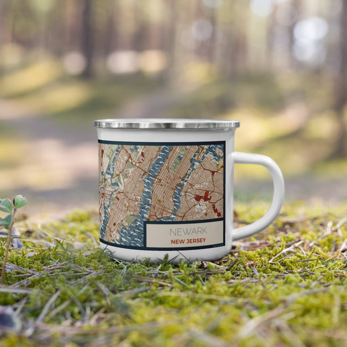Right View Custom Newark New Jersey Map Enamel Mug in Woodblock on Grass With Trees in Background