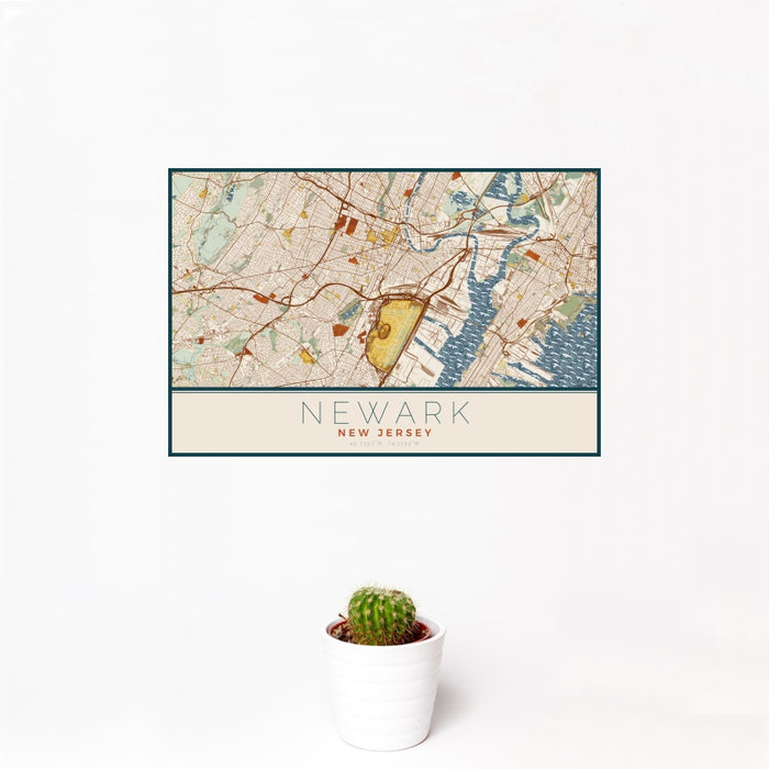 12x18 Newark New Jersey Map Print Landscape Orientation in Woodblock Style With Small Cactus Plant in White Planter