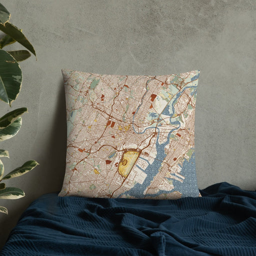 Custom Newark New Jersey Map Throw Pillow in Woodblock on Bedding Against Wall