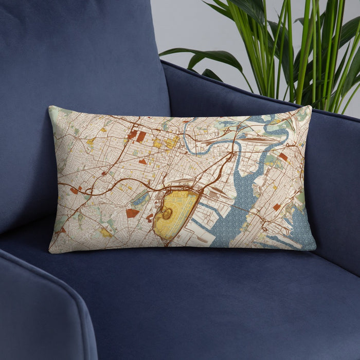 Custom Newark New Jersey Map Throw Pillow in Woodblock on Blue Colored Chair