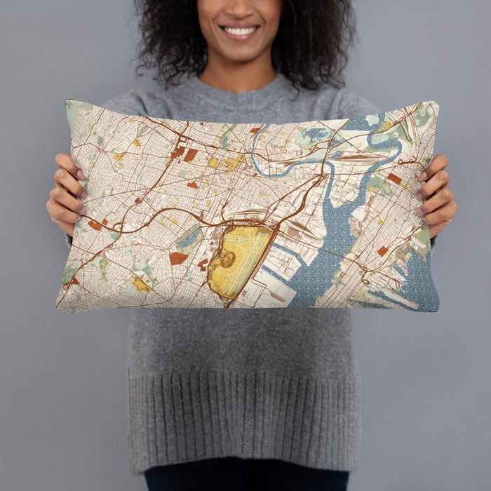 Person holding 20x12 Custom Newark New Jersey Map Throw Pillow in Woodblock