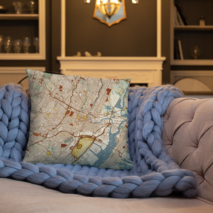 Custom Newark New Jersey Map Throw Pillow in Woodblock on Cream Colored Couch