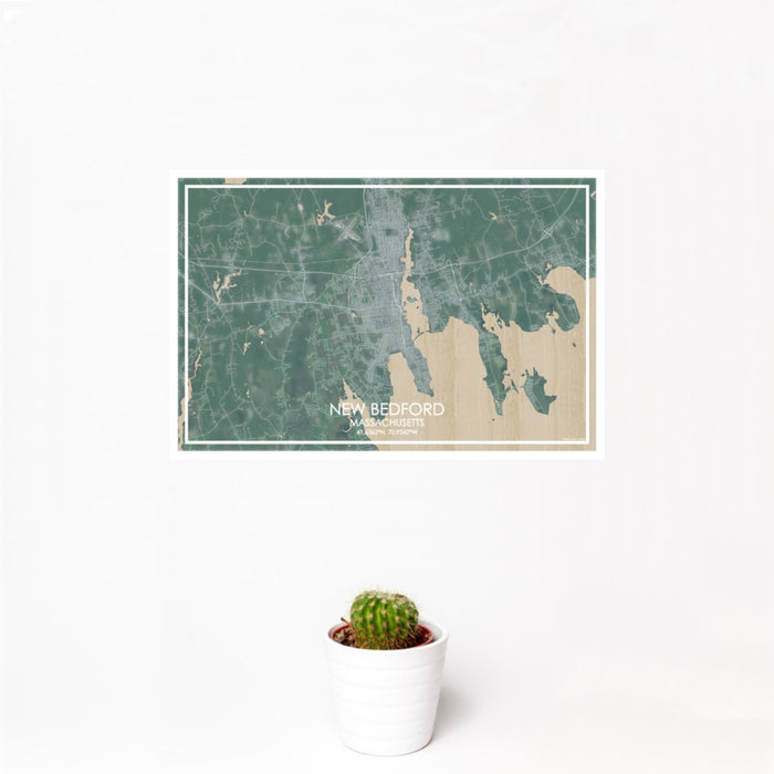 12x18 New Bedford Massachusetts Map Print Landscape Orientation in Afternoon Style With Small Cactus Plant in White Planter