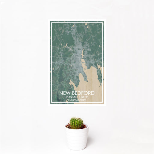 12x18 New Bedford Massachusetts Map Print Portrait Orientation in Afternoon Style With Small Cactus Plant in White Planter