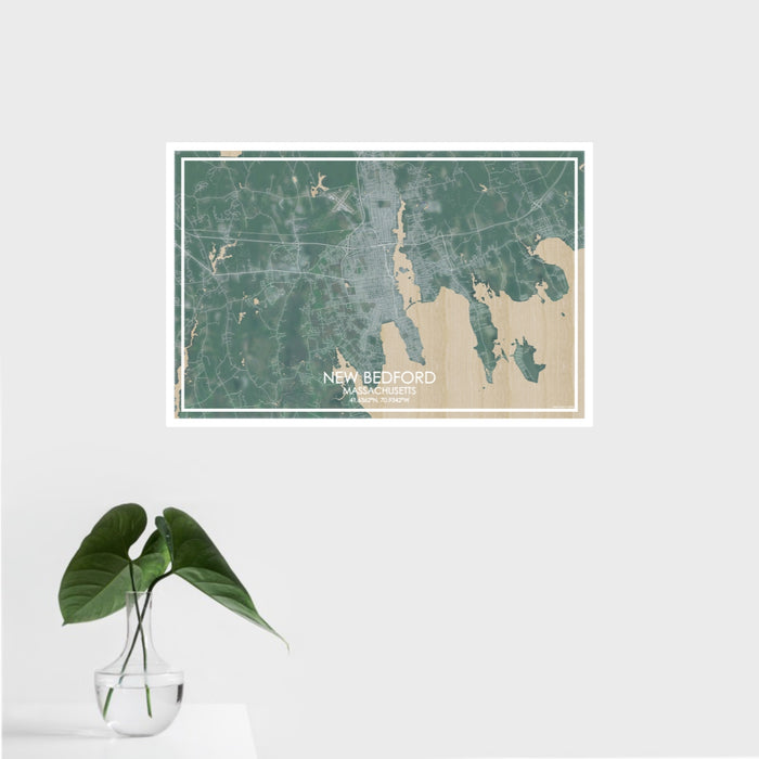 16x24 New Bedford Massachusetts Map Print Landscape Orientation in Afternoon Style With Tropical Plant Leaves in Water