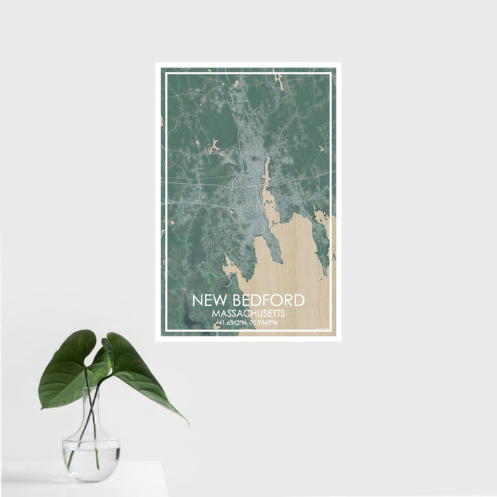 16x24 New Bedford Massachusetts Map Print Portrait Orientation in Afternoon Style With Tropical Plant Leaves in Water