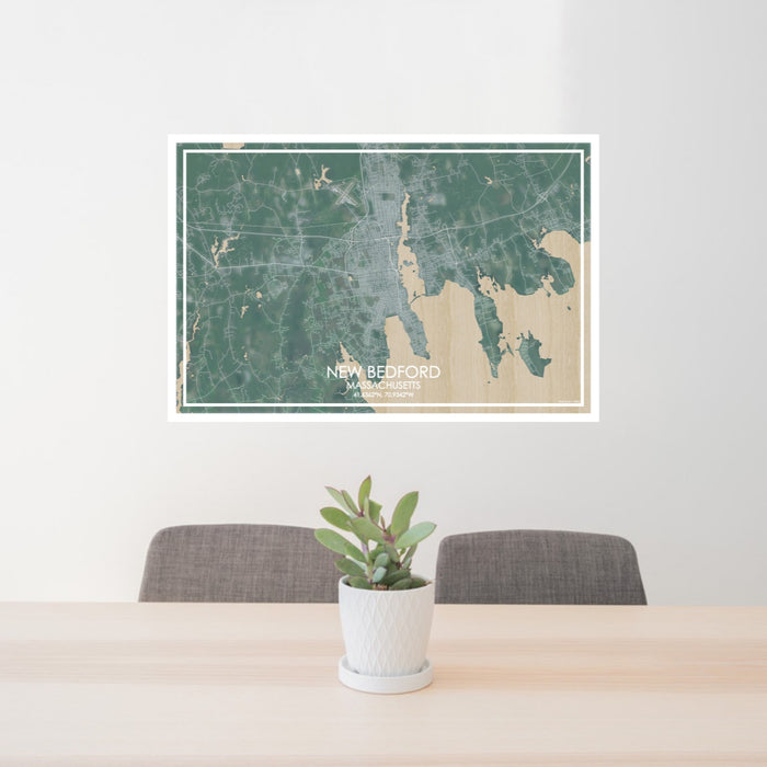 24x36 New Bedford Massachusetts Map Print Lanscape Orientation in Afternoon Style Behind 2 Chairs Table and Potted Plant