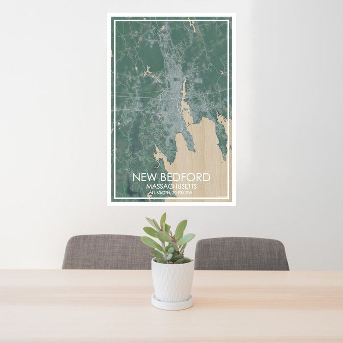 24x36 New Bedford Massachusetts Map Print Portrait Orientation in Afternoon Style Behind 2 Chairs Table and Potted Plant