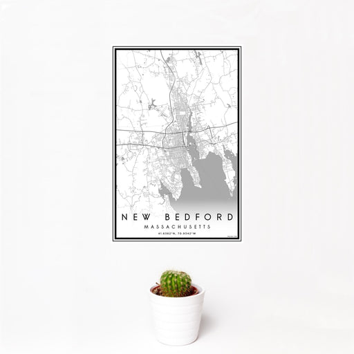 12x18 New Bedford Massachusetts Map Print Portrait Orientation in Classic Style With Small Cactus Plant in White Planter