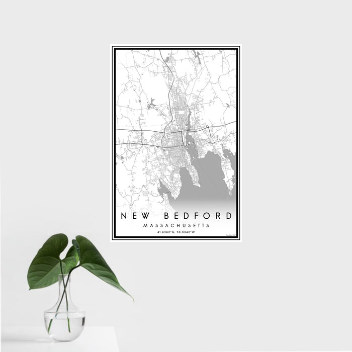 16x24 New Bedford Massachusetts Map Print Portrait Orientation in Classic Style With Tropical Plant Leaves in Water