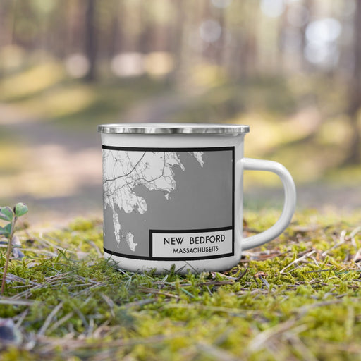 Right View Custom New Bedford Massachusetts Map Enamel Mug in Classic on Grass With Trees in Background