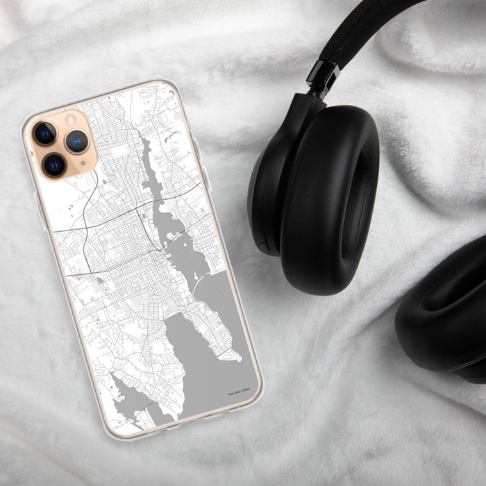 Custom New Bedford Massachusetts Map Phone Case in Classic on Table with Black Headphones