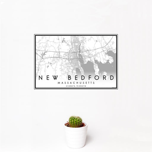 12x18 New Bedford Massachusetts Map Print Landscape Orientation in Classic Style With Small Cactus Plant in White Planter