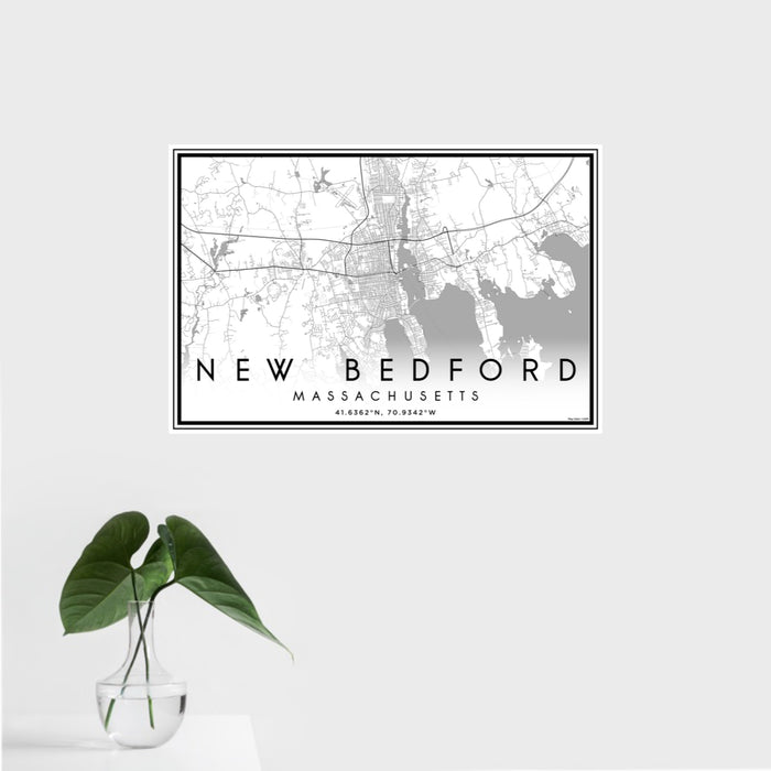 16x24 New Bedford Massachusetts Map Print Landscape Orientation in Classic Style With Tropical Plant Leaves in Water