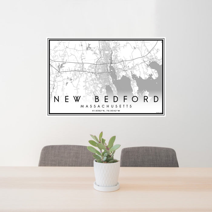 24x36 New Bedford Massachusetts Map Print Landscape Orientation in Classic Style Behind 2 Chairs Table and Potted Plant