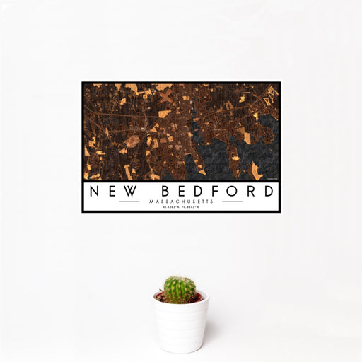 12x18 New Bedford Massachusetts Map Print Landscape Orientation in Ember Style With Small Cactus Plant in White Planter