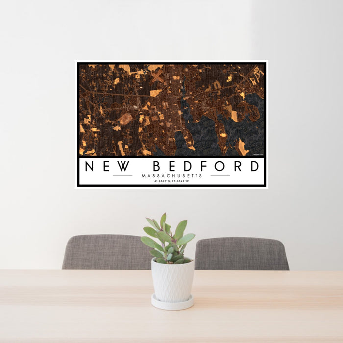 24x36 New Bedford Massachusetts Map Print Landscape Orientation in Ember Style Behind 2 Chairs Table and Potted Plant