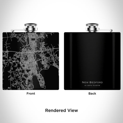 Rendered View of New Bedford Massachusetts Map Engraving on 6oz Stainless Steel Flask in Black