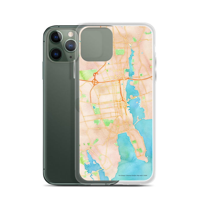 Custom New Bedford Massachusetts Map Phone Case in Watercolor on Table with Laptop and Plant